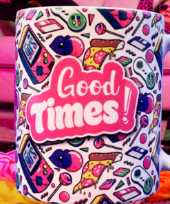 Loftipop Good Times 1990s Retro Coffee Mug lifestyle scene with pink sofa, retro sunglasses, colorful clothes, and 90s party fashion