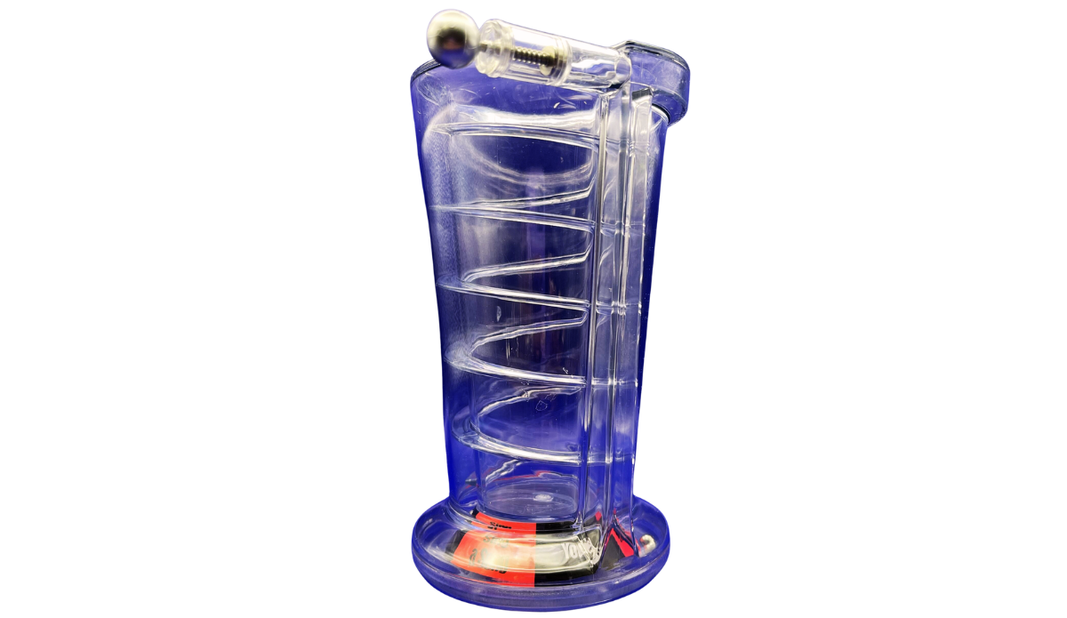 Pinball Pint Glass Drinking Game middle view showing the clear spiral track, vertical launcher channel, plunger, and action wheel