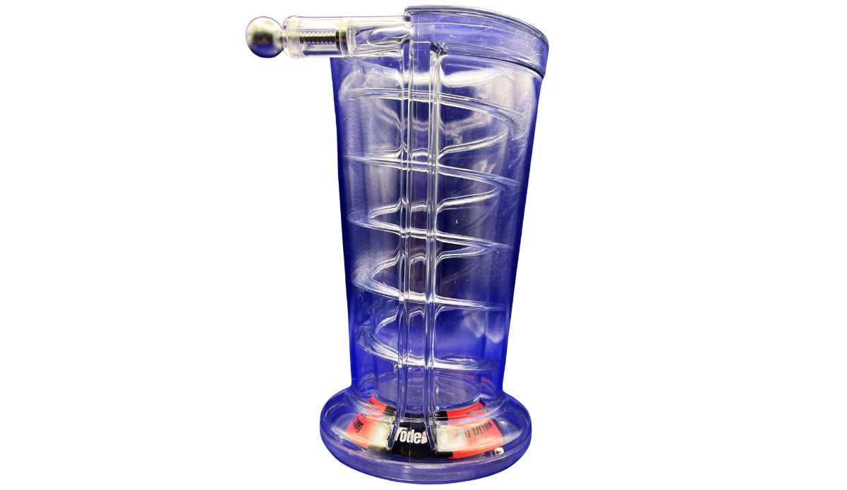 Pinball Pint Glass Drinking Game back view with transparent acrylic body, vertical channel, spiral track, plunger, and wide base