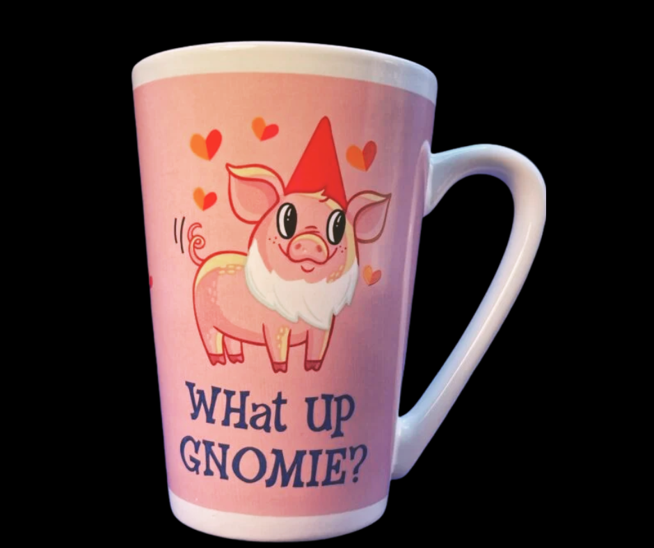What Up Gnomie Latte Mug front view with pig gnome design