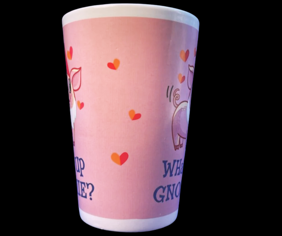 What Up Gnomie Latte Mug side middle view showing wrap design