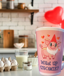 What Up Gnomie Latte Mug styled in a Valentine’s Day kitchen setting