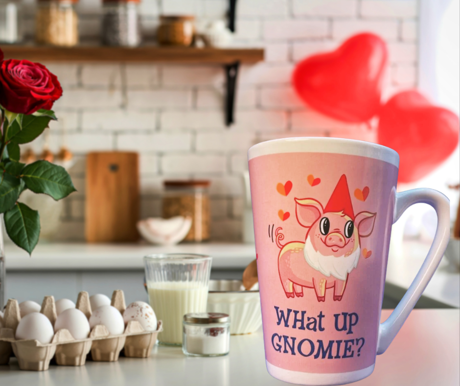 What Up Gnomie Latte Mug styled in a Valentine’s Day kitchen setting