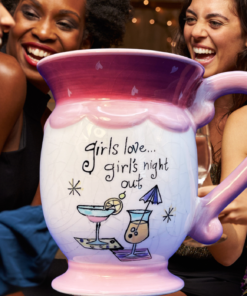 pink girls night mug styled in kitchen with cocktails and feminine decor