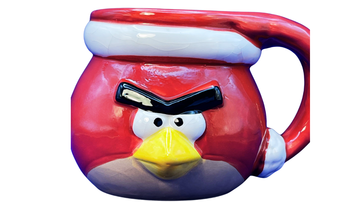 3D Angry Bird Santa Mug front view with raised black eyebrows, white eyes, yellow beak, and red Santa hat