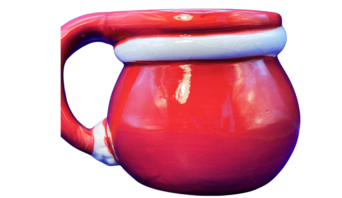 Opposite side view of 3D Angry Bird Santa Mug featuring glossy red body, white hat band, and curved handle
