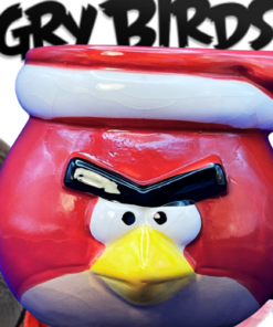 3D Angry Bird Santa Mug displayed against Angry Birds character artwork with colorful birds and green pigs