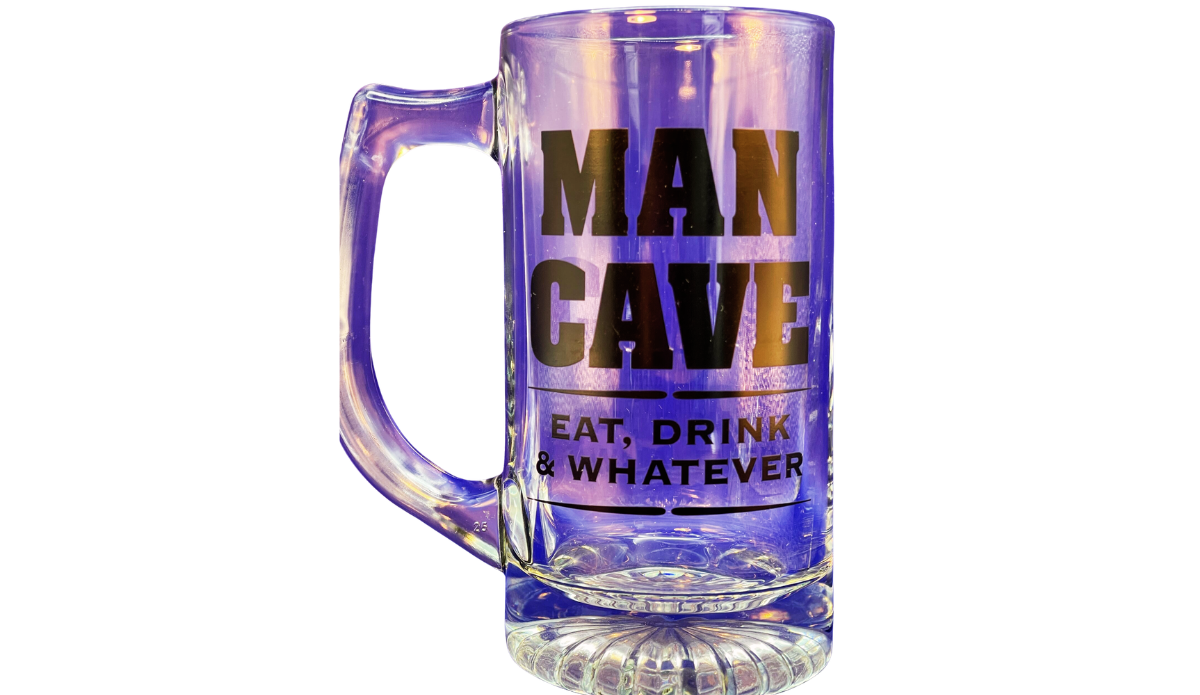 Man Cave Beer Mug front view with clear glass and black Eat Drink & Whatever lettering