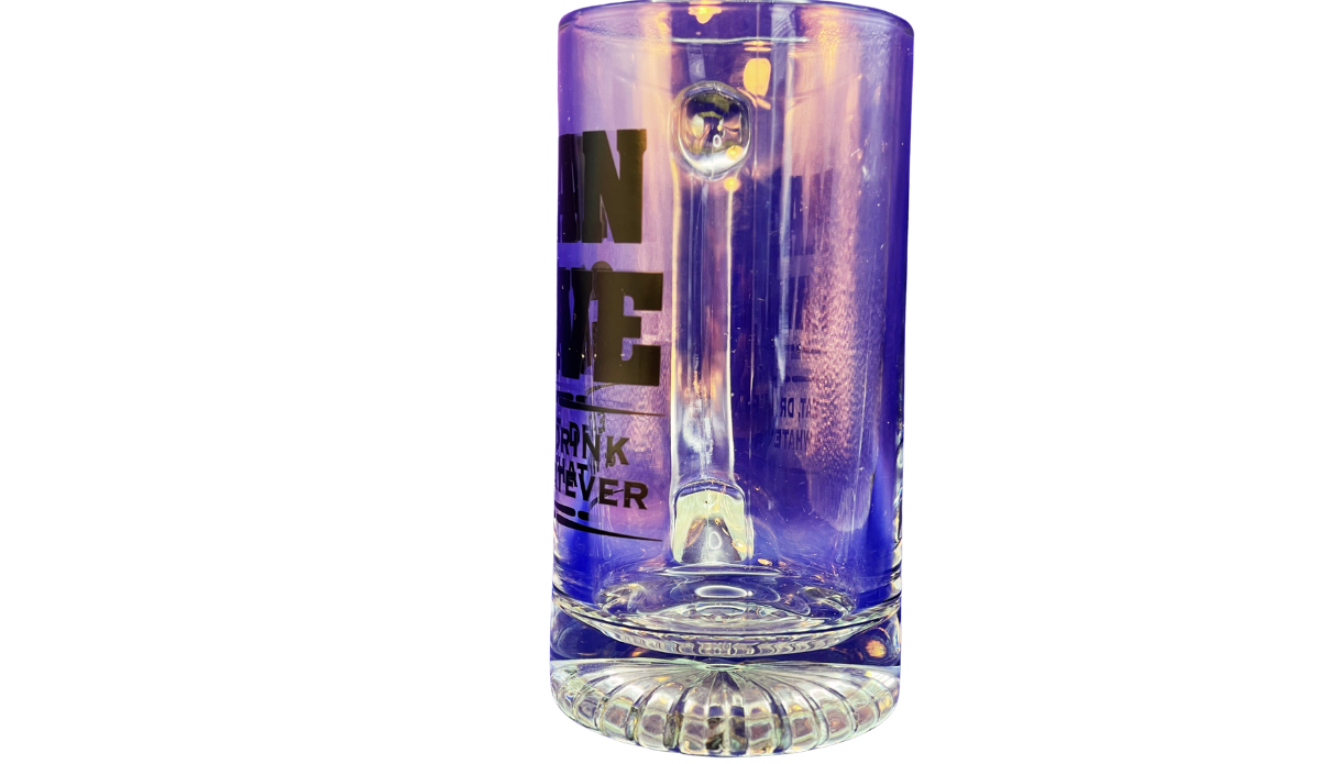 Man Cave Beer Mug middle view with clear glass body, partial black lettering, and thick base