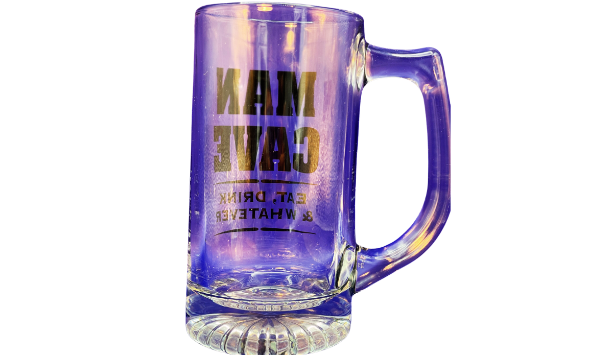 Man Cave Eat Drink Whatever Beer Mug back view with clear handle and lettering visible through glass