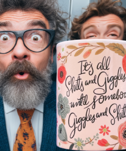 Shits And Giggles mug styled in a bold humorous setting