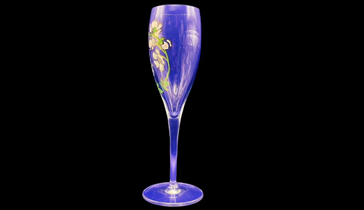 Perrier Jouet Pink Floral Champagne Flute side view clear glass with pink floral design.