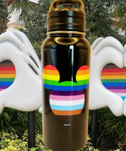Disney Pride Mickey Water Bottle between Mickey hand heart sculptures filled with rainbow Pride stripes