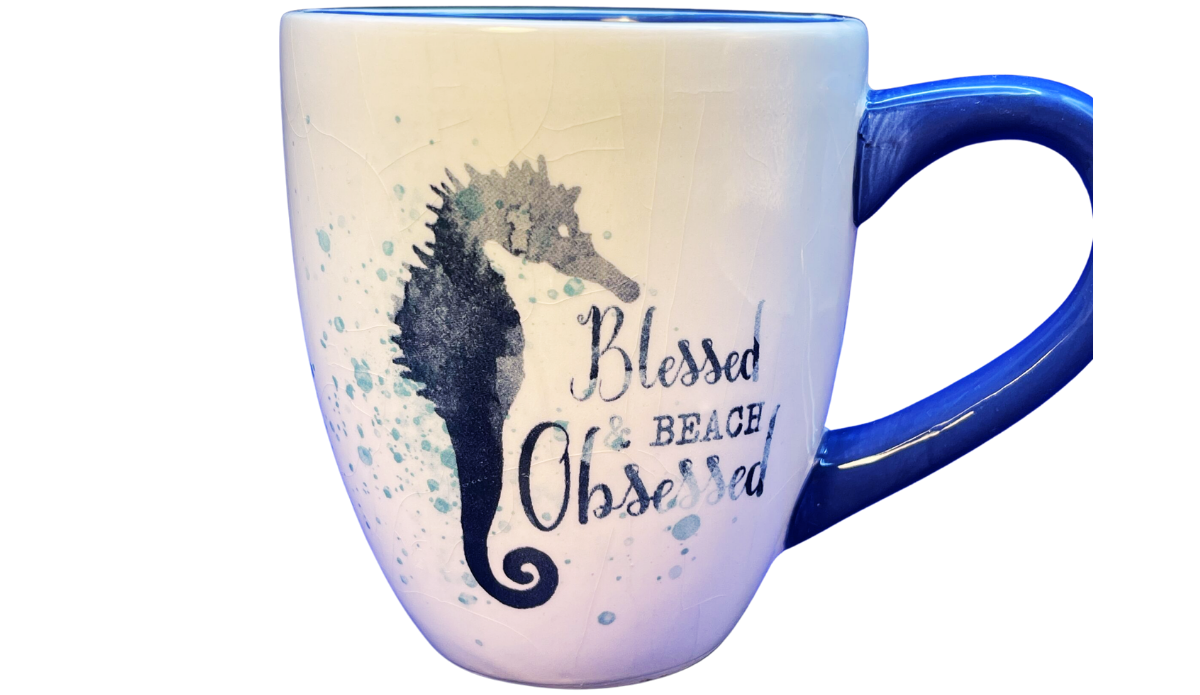 Blessed Beach Obsessed Seahorse Mug front view with dark blue seahorse, beach quote, and blue handle
