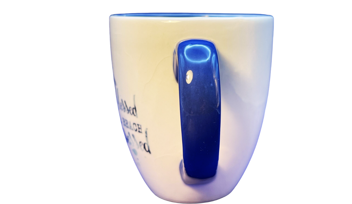 Blessed Beach Obsessed Seahorse Mug handle view with glossy dark blue curved handle