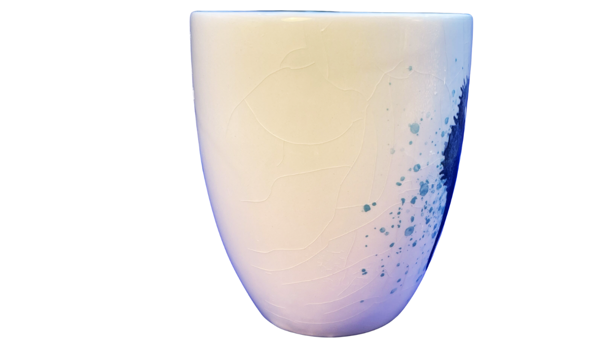 Blessed Beach Obsessed Seahorse Mug middle view with white ceramic body and aqua splatter accents
