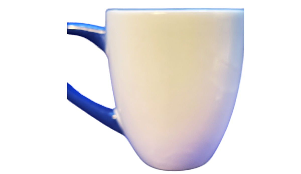 Blessed Beach Obsessed Seahorse Mug back view with white ceramic body and blue handle