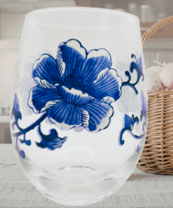 blue floral wine glass kitchen scene spring decor floral drinkware lifestyle