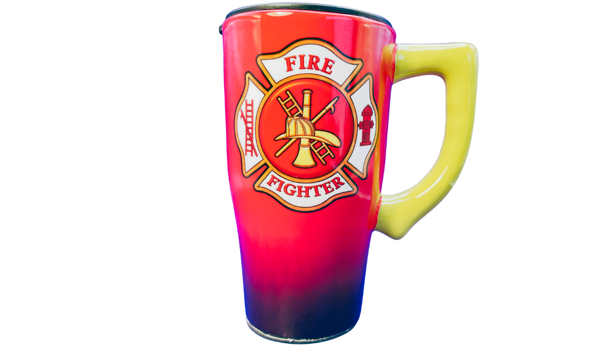 Firefighter Maltese Cross Travel Mug front view with red and navy gradient, yellow handle, firefighter emblem, and dark lid