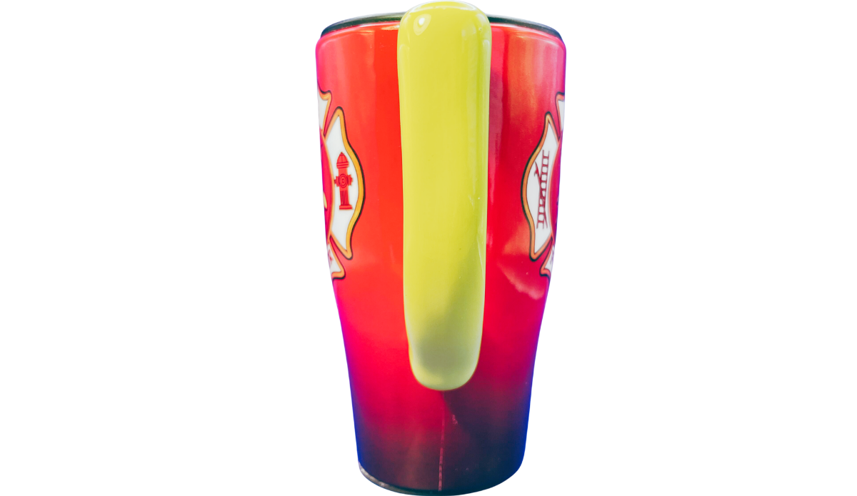 Firefighter Maltese Cross Travel Mug handle view showing large bright yellow handle and red-to-navy exterior