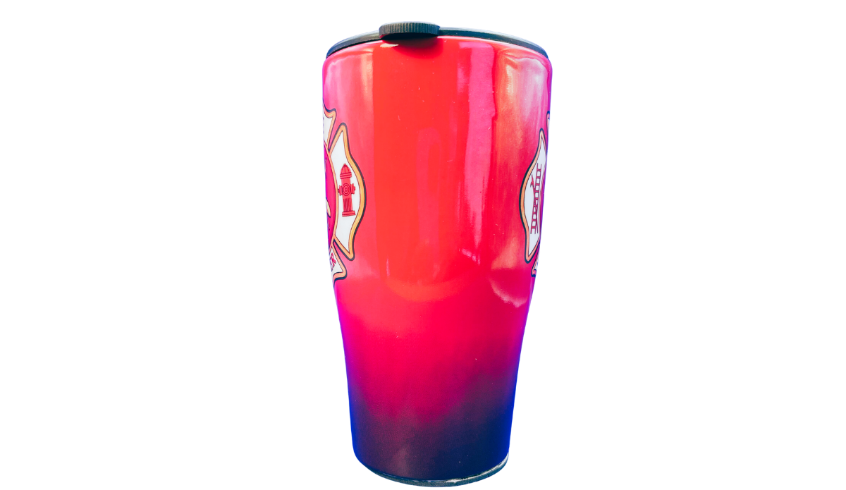 Firefighter Maltese Cross Travel Mug middle view with red and navy gradient exterior and dark lid