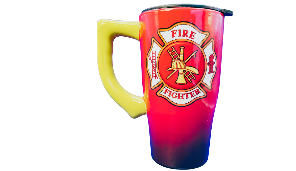 Firefighter Maltese Cross Travel Mug back view with firefighter emblem, yellow handle, red gradient body, and dark lid