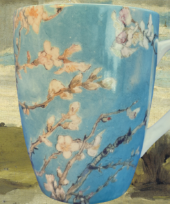 Van Gogh Almond Blossom mug displayed against an artistic painted landscape