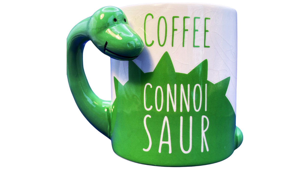 BigMouth Coffee Connoisaur Dinosaur Mug featuring the Coffee Connoisaur design and bright green dinosaur artwork