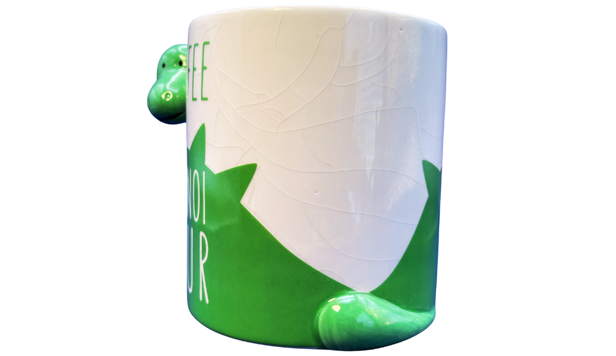 Opposite side of BigMouth Coffee Connoisaur Dinosaur Mug featuring the dinosaur body and repeated Coffee Connoisaur design