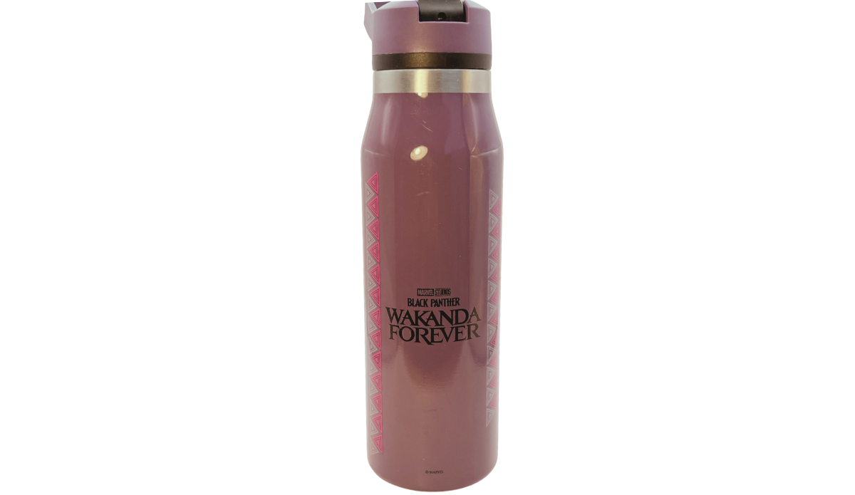 Black Panther Wakanda Forever Bottle with muted purple finish, movie logo, geometric side patterns, and carry-loop lid
