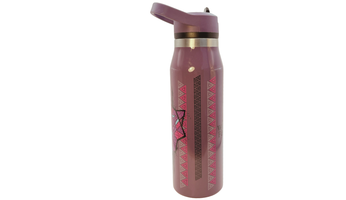Black Panther Wakanda Forever Bottle middle view with pink gray and black geometric triangle patterns and purple carry lid