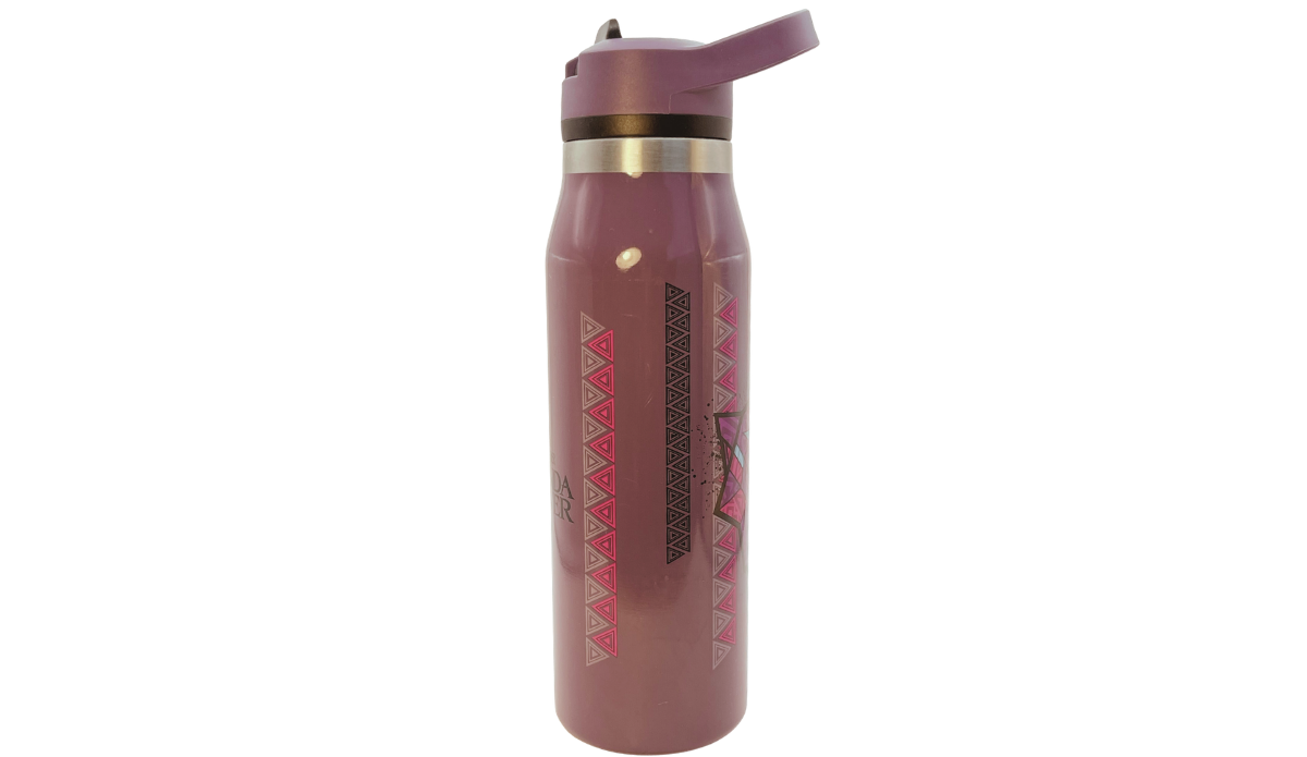 Black Panther Wakanda Forever Bottle with vertical geometric patterns, partial panther artwork, and muted purple finish