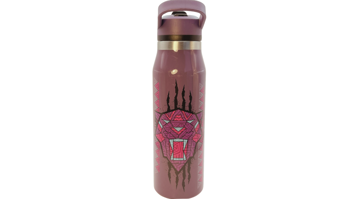 Back of Black Panther Wakanda Forever Bottle with large geometric panther emblem, claw marks, and patterned accents