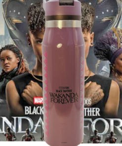 Black Panther Wakanda Forever Bottle displayed against a Wakanda Forever movie-inspired character scene