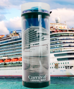 Carnival Magic Cruise Ship Travel Tumbler displayed in front of Carnival Magic cruise ship at sea