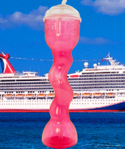Carnival Cruise Pink Whirly Cup displayed in front of a Carnival cruise ship