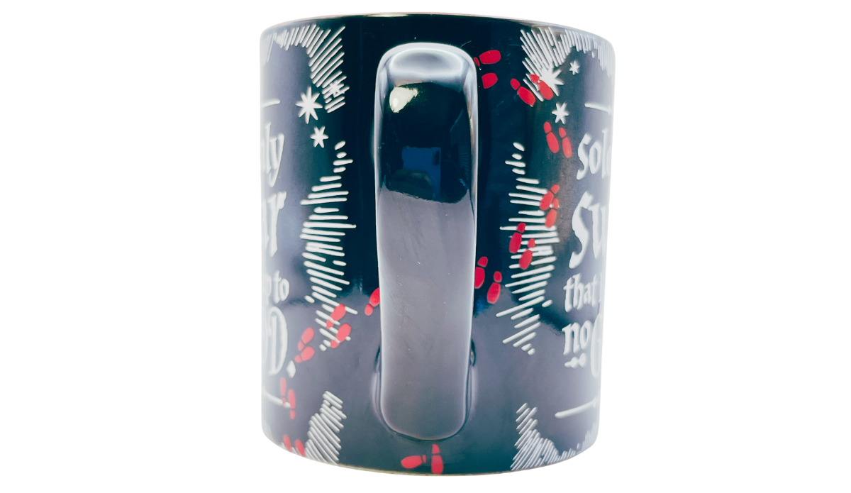 Harry Potter No Good Mug handle view with red Marauder's Map footprints on glossy black ceramic