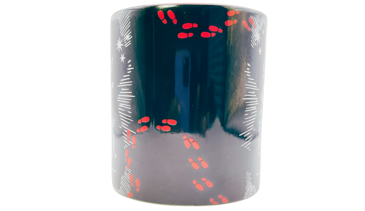 Harry Potter No Good Mug back view featuring red Marauder's Map footprints on glossy black ceramic
