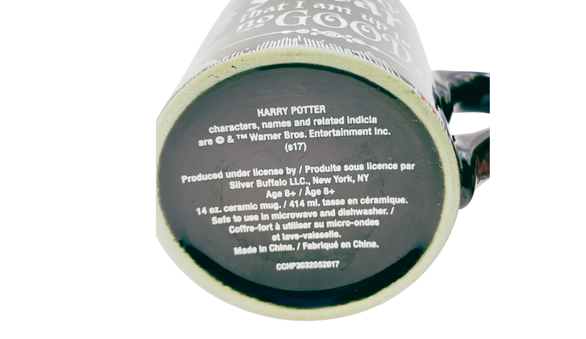 Harry Potter No Good Mug bottom view showing official Silver Buffalo maker's mark and licensing information