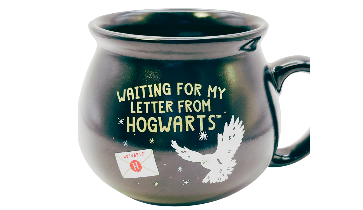 Harry Potter Hogwarts Letter Cauldron Mug front view with Hedwig and Hogwarts acceptance letter