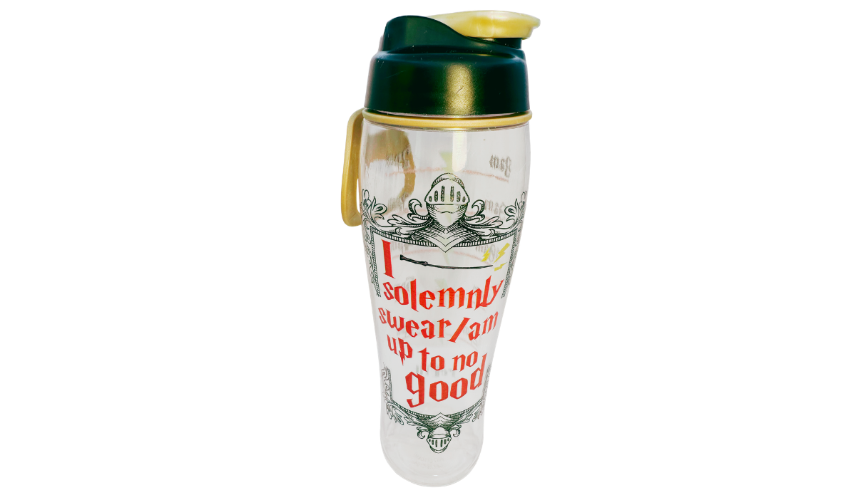 Harry Potter Up To No Good Water Bottle front view featuring the "I Solemnly Swear I Am Up To No Good" design with flip-top lid and integrated gold carry loop