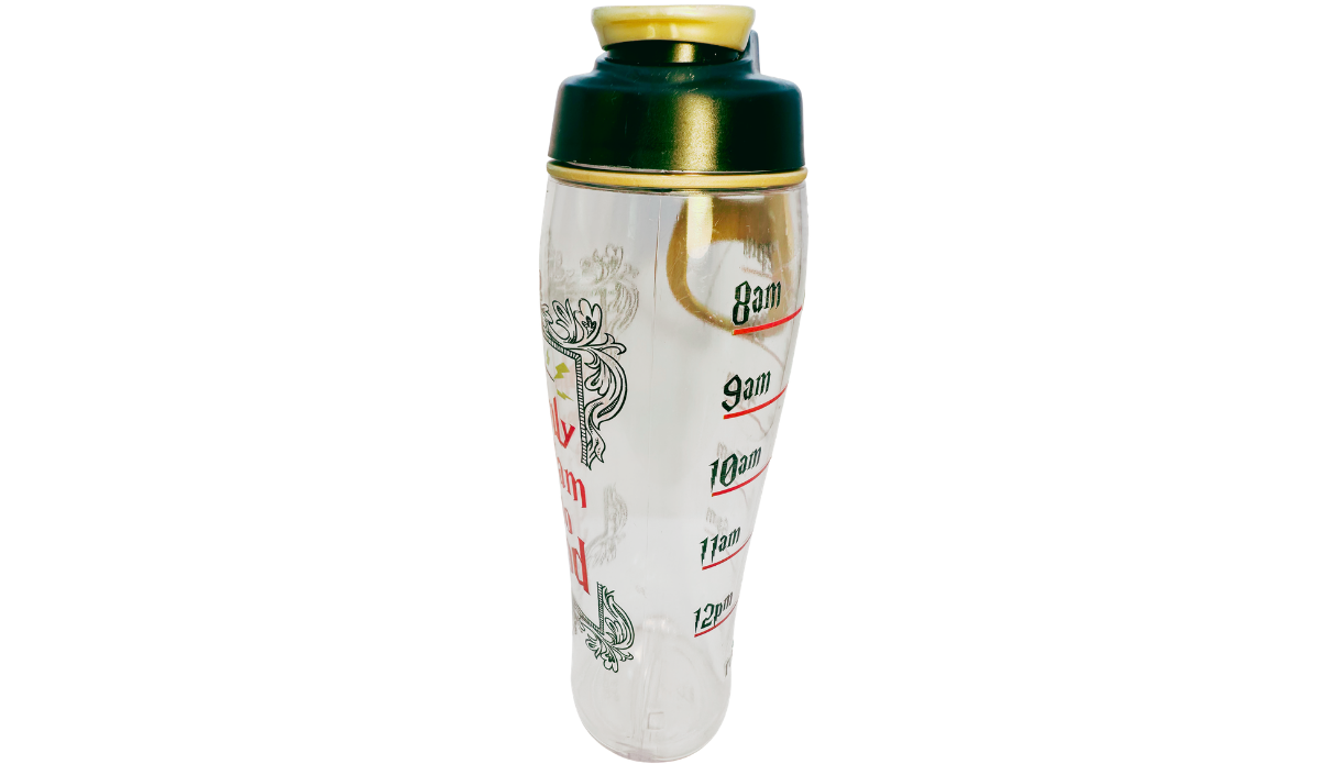 Harry Potter Up To No Good Water Bottle side view showing hourly hydration markers and clear acrylic body with flip-top lid
