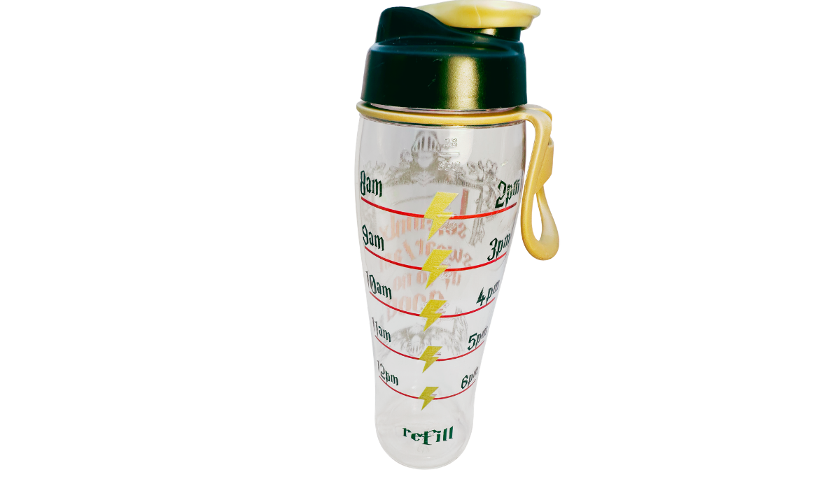Harry Potter Up To No Good Water Bottle back view featuring hydration tracker, lightning bolt refill markers, carrying loop, and acrylic body