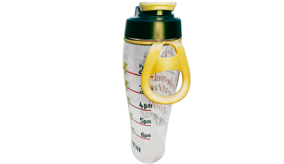 Harry Potter Up To No Good Water Bottle carrying loop side view showing attached gold loop, flip-top lid, and clear acrylic body