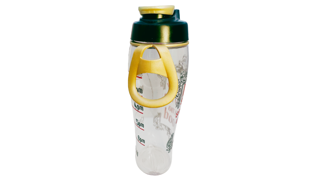 Harry Potter Up To No Good Water Bottle opposite carrying loop side view showing clear acrylic body, hydration tracker, and flip-top lid