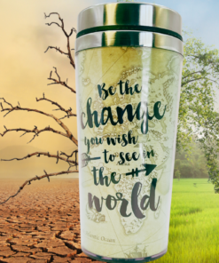 Be The Change World Map travel mug between dry cracked land and a green landscape symbolizing positive change