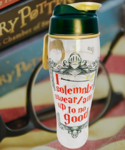 Harry Potter Up To No Good Water Bottle lifestyle scene with acrylic bottle, Wizarding World books, and round glasses