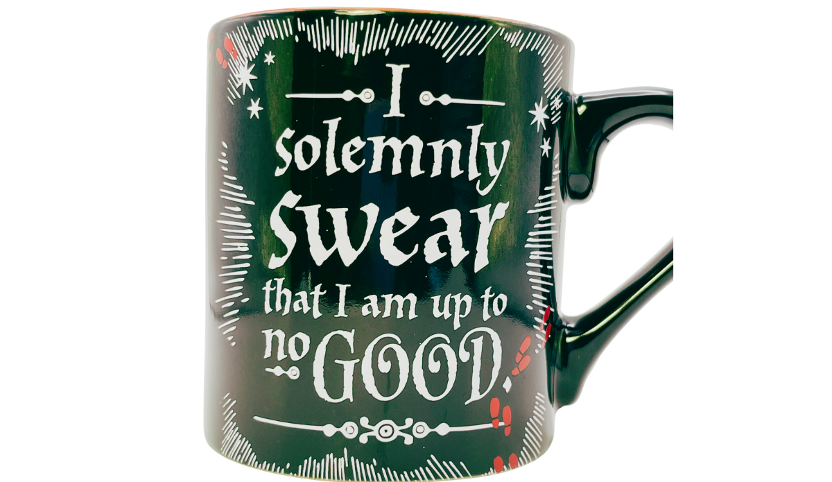 Harry Potter No Good Mug opposite front view featuring the quote "I Solemnly Swear That I Am Up To No Good"