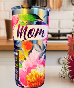 Floral Mom Stainless Steel Tervis Tumbler 24 oz styled in kitchen with fresh flowers