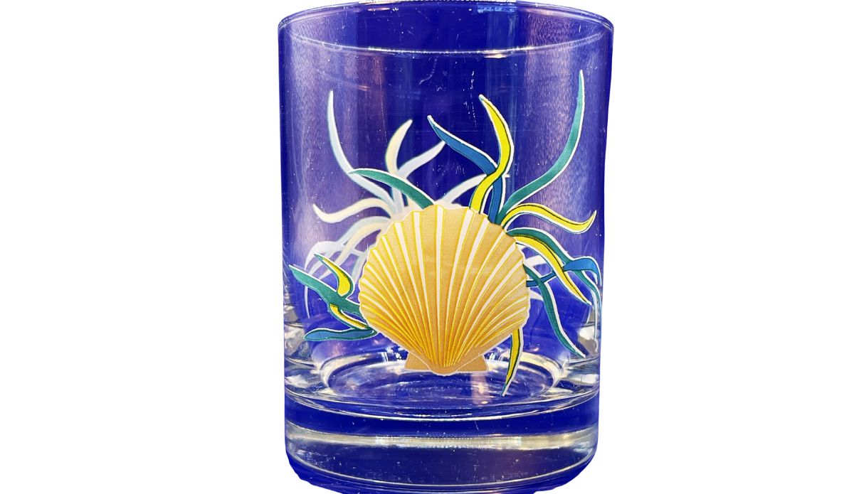 Coastal Scallop Shell Double Old Fashioned Glass with golden scallop shell on cobalt blue glass